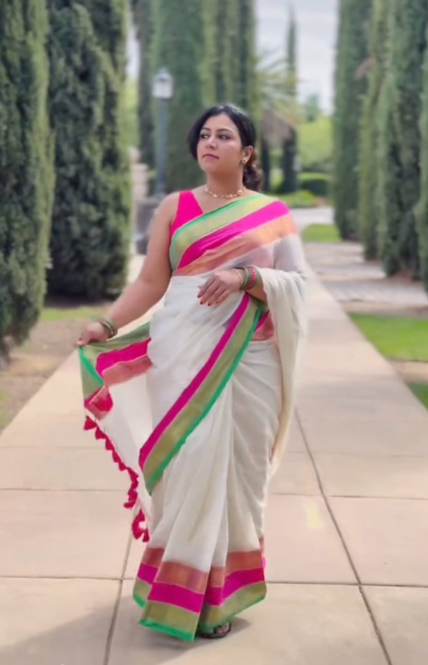 Mul Cotton Saree – Ivory Multicolour Striped Border