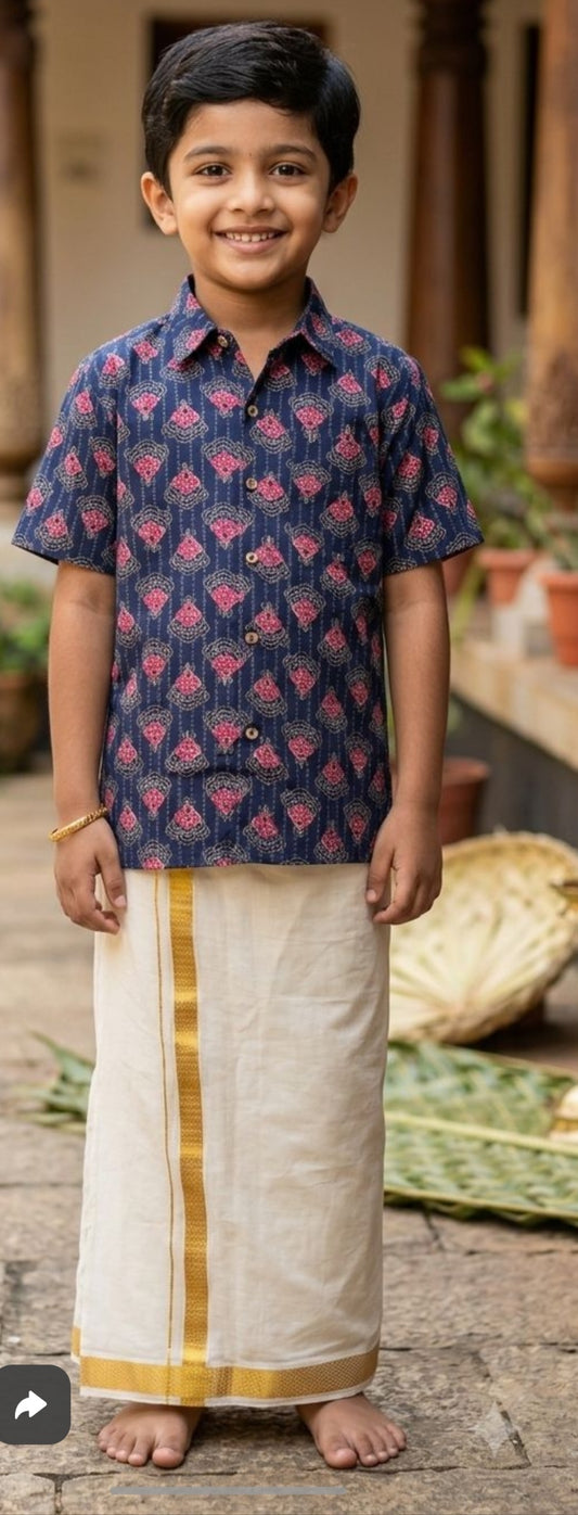 Boys Kerala Traditional Combo Set | Printed Shirt & Gold Kara Mundu