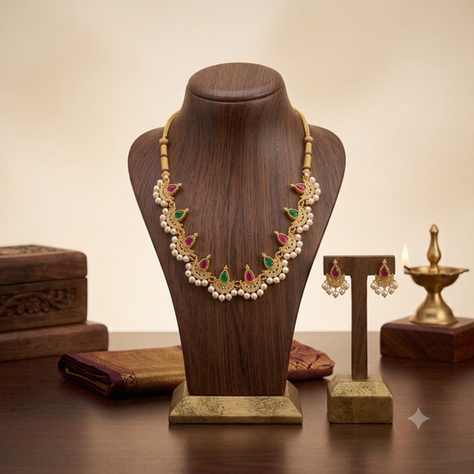 Gold Peacock Pearl Necklace & Earring Set | South Indian Bridal Jewellery