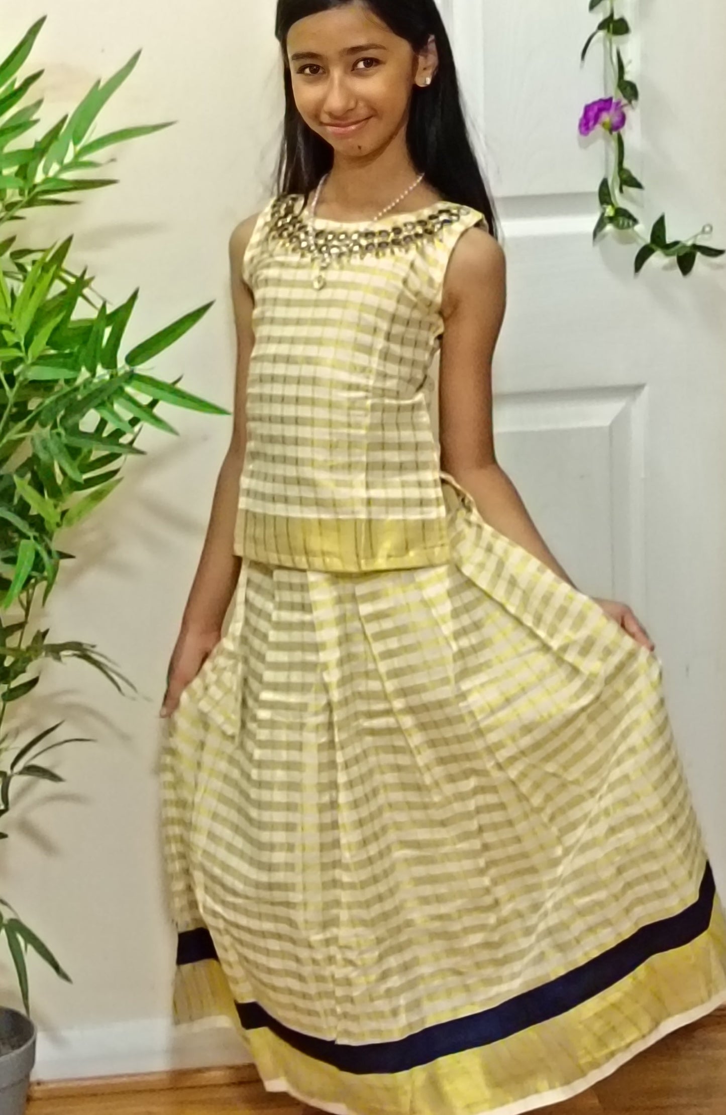 Girls Zari Striped  Top and Skirt Set – Cream, Gold & Navy |(Sleeves inside)