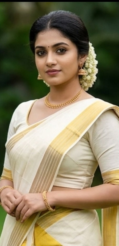 Kerala Set Mundu with Yellow & Gold Kasavu Border