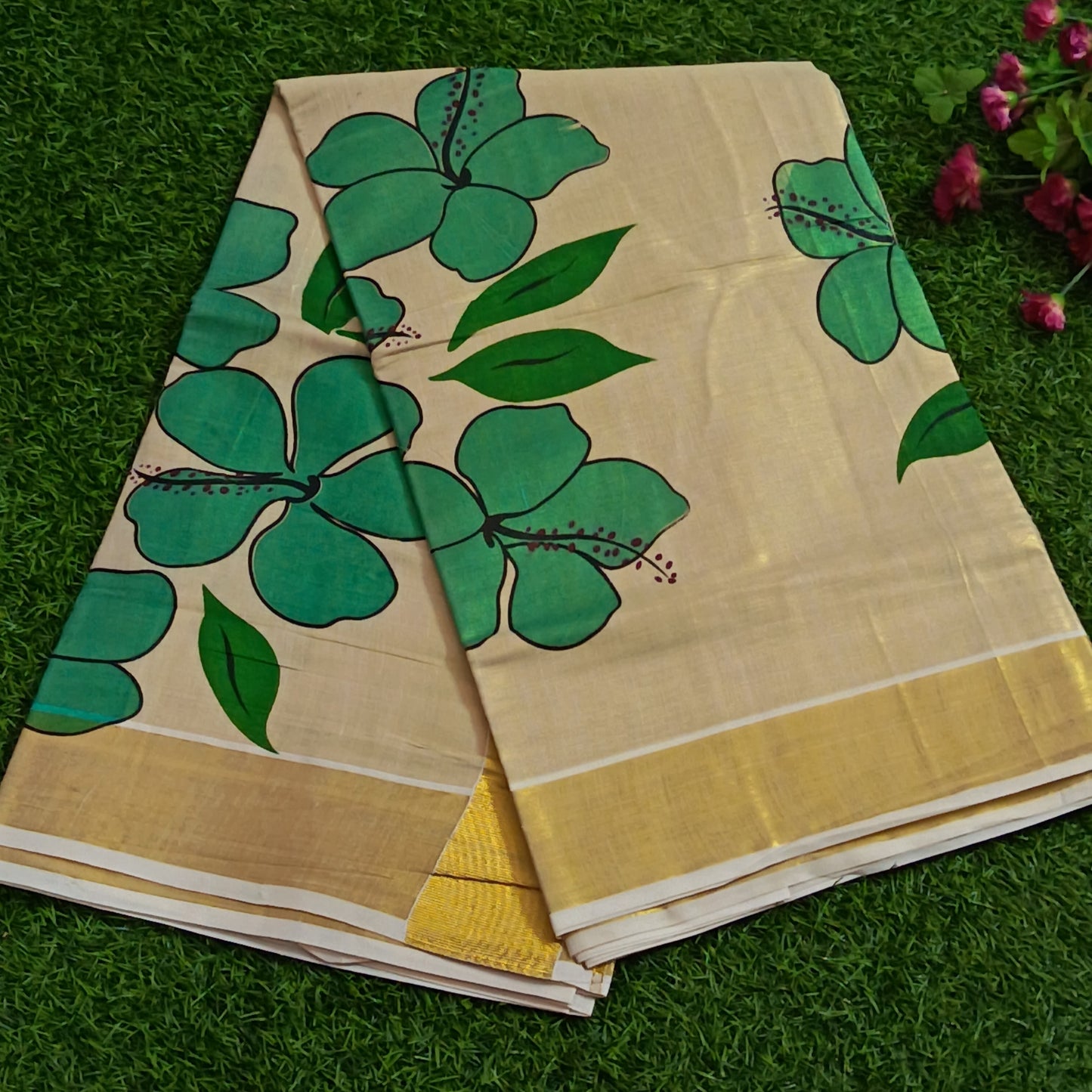 Kerala Tissue Saree with Hand-Painted Hibiscus & Gold Zari Border