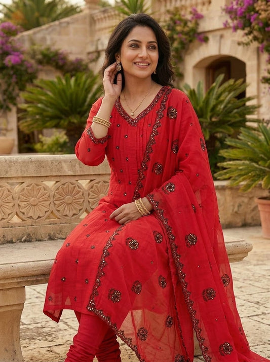 MUL CHANDERI CHURIDAR SET.