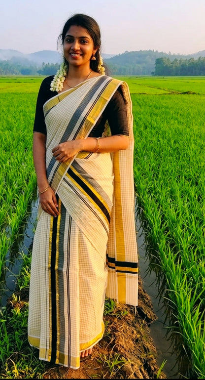 Kerala Set Mundu with Black & Gold Kasavu Border