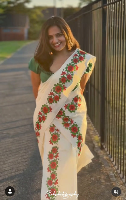 White Cotton Set Mundu with Red Floral Border