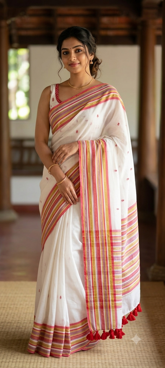 White Mul Cotton Saree with Multicolour Striped Border & Red Butti Motifs
