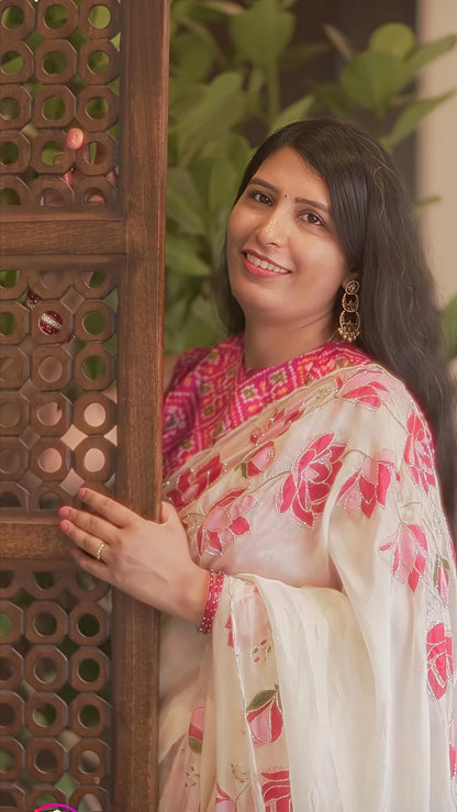 Tebby Silk Premium Saree — Ivory Floral with Hand-Painted Lotus Motifs