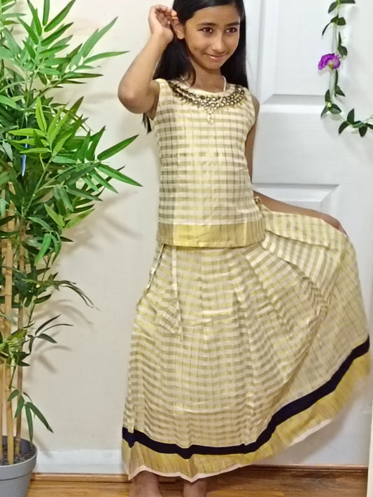 Girls Zari Striped  Top and Skirt Set – Cream, Gold & Navy |(Sleeves inside)