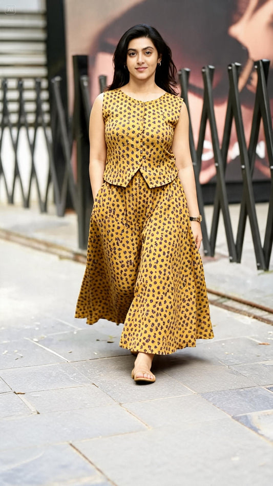 Mustard Floral Block Print Co-Ord Set – Skirt & Top