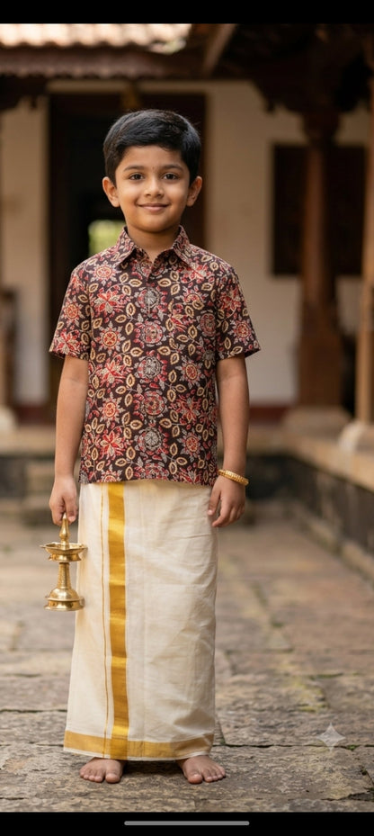 Boys Kerala Traditional Combo Set | Kalamkari Shirt & Gold Kara Mundu | Ages 1–10
